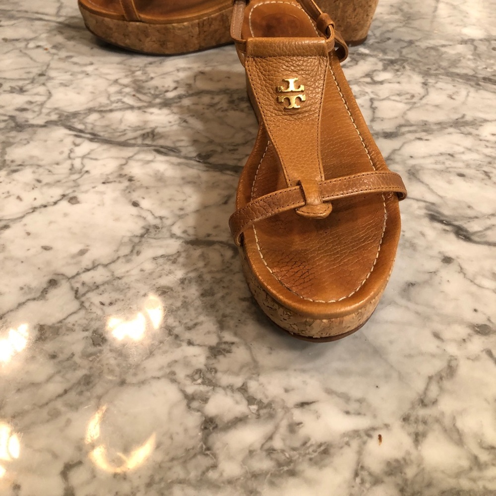 Tory Burch cork wedge sandal. Size 9. Saddle colored leather.
